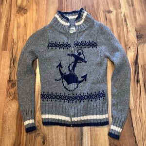 Heritage 1981 Nautical Anchor Zip Cardigan Sweater Small Gray Blue Chunky Knit